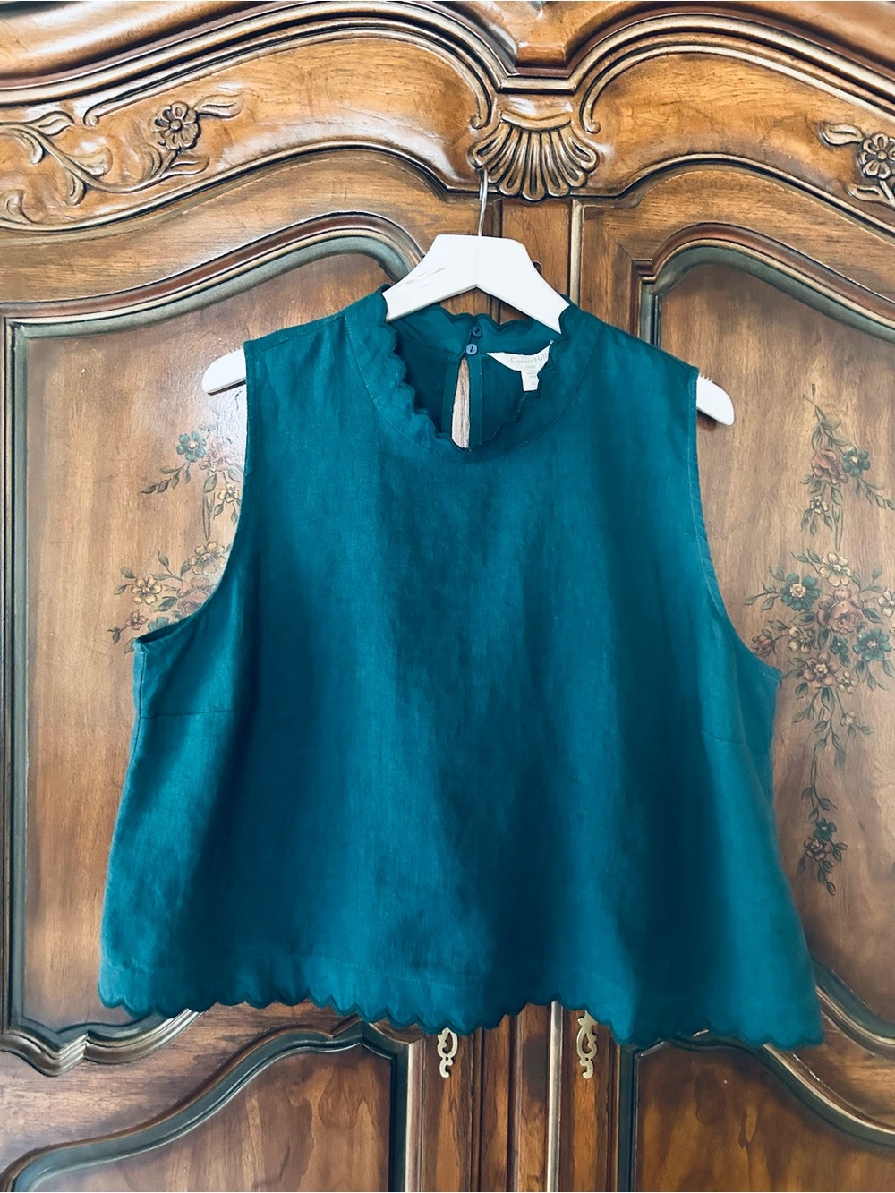 New~ Coastline Teal Blue Scalloped Linen Top size XL ~by Garnet Hill - Picture 2 of 14